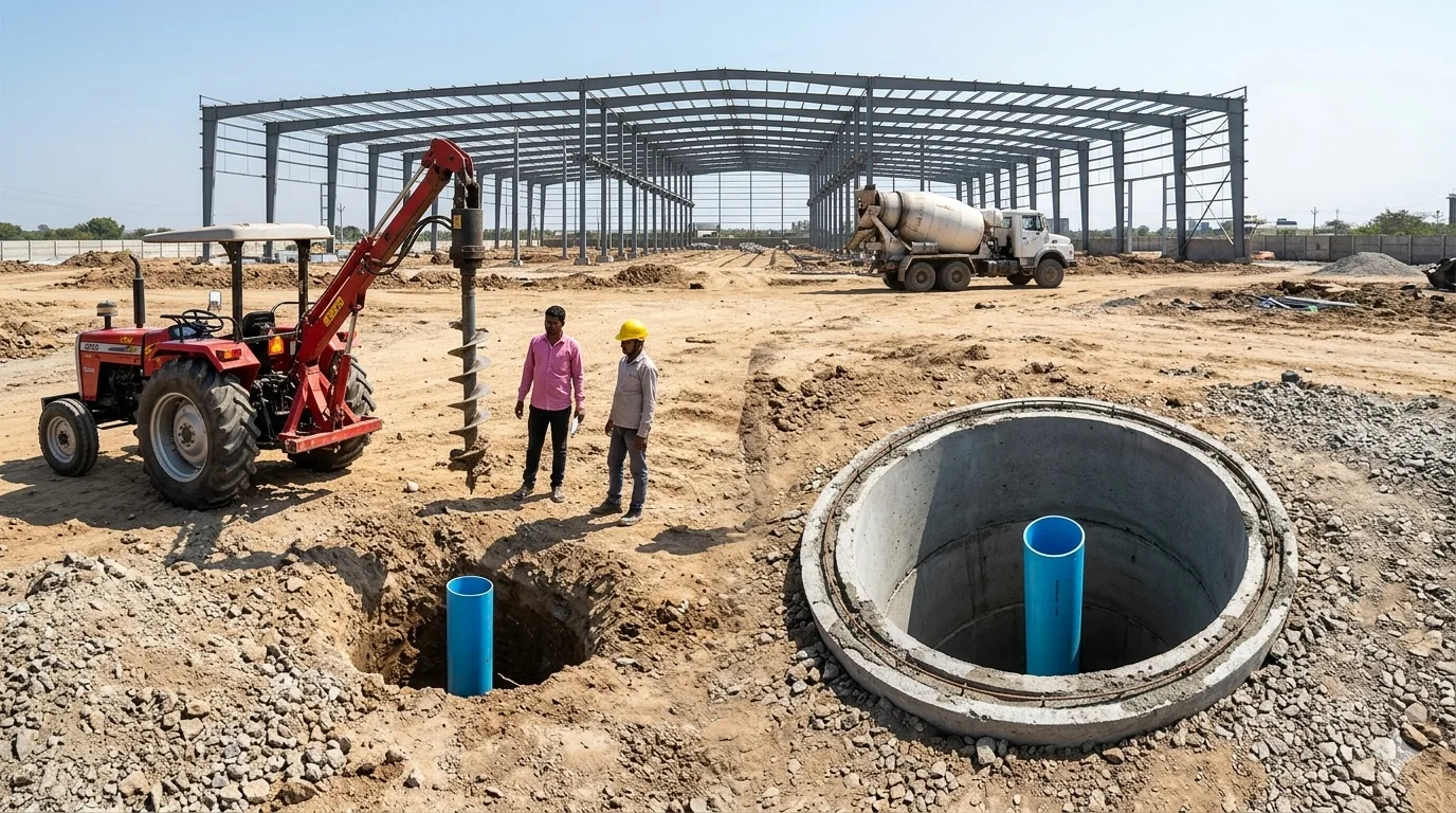 Rainwater harvesting installation at industrial facility in Raipur India
